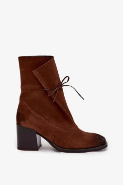 Discount Zazoo Skórzane Zamszowe Botki Damskie Na Słupku 1151 Brązowe Brązowy