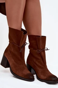 Discount Zazoo Skórzane Zamszowe Botki Damskie Na Słupku 1151 Brązowe Brązowy