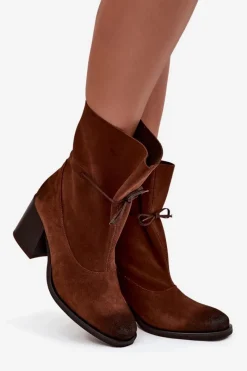Discount Zazoo Skórzane Zamszowe Botki Damskie Na Słupku 1151 Brązowe Brązowy