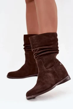 Botki Ocieplane|Botki Maciejka>Maciejka Skórzane Zamszowe Botki Damskie Z Marszczeniem Ocieplane K7211-02 Czekoladowe Brązowy
