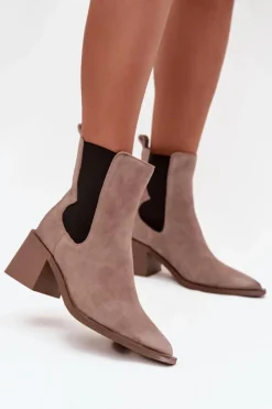 Botki Ocieplane|Botki Skórzane>Artiker Skórzane Zamszowe Botki Damskie Na Słupku Ocieplane 57C0045 Beżowe Beżowy