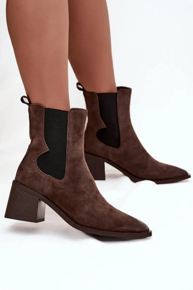 Clearance Skórzane Zamszowe Botki Damskie Na Słupku Ocieplane 57C0047 Brązowe Damskie Botki Ocieplane|Botki Skórzane