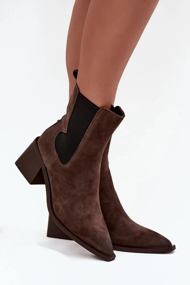 Clearance Skórzane Zamszowe Botki Damskie Na Słupku Ocieplane 57C0047 Brązowe Damskie Botki Ocieplane|Botki Skórzane