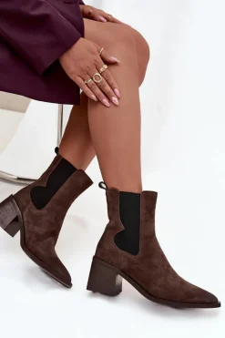 Clearance Skórzane Zamszowe Botki Damskie Na Słupku Ocieplane 57C0047 Brązowe Damskie Botki Ocieplane|Botki Skórzane