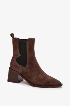 Clearance Skórzane Zamszowe Botki Damskie Na Słupku Ocieplane 57C0047 Brązowe Damskie Botki Ocieplane|Botki Skórzane