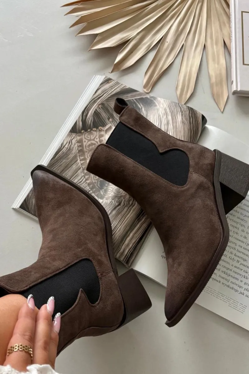 Clearance Skórzane Zamszowe Botki Damskie Na Słupku Ocieplane 57C0047 Brązowe Damskie Botki Ocieplane|Botki Skórzane