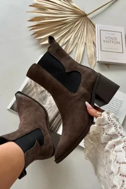 Clearance Skórzane Zamszowe Botki Damskie Na Słupku Ocieplane 57C0047 Brązowe Damskie Botki Ocieplane|Botki Skórzane