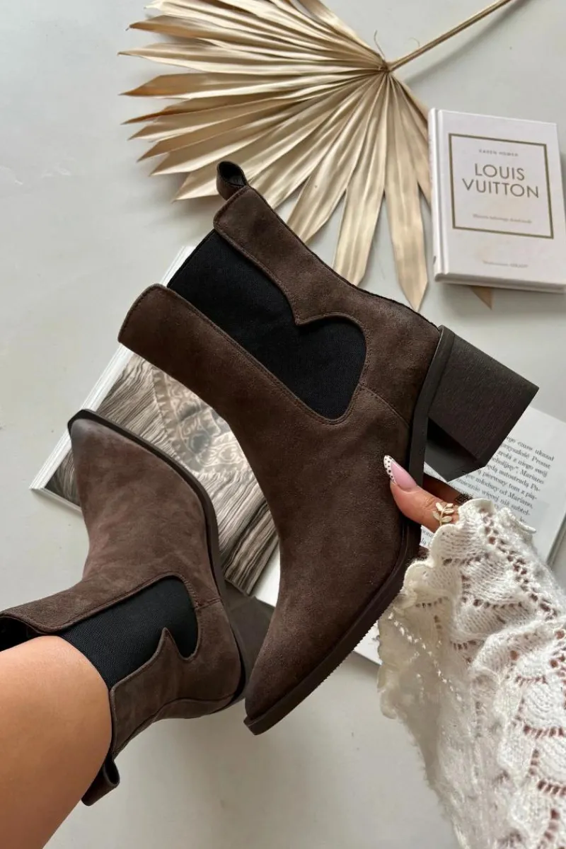 Clearance Skórzane Zamszowe Botki Damskie Na Słupku Ocieplane 57C0047 Brązowe Damskie Botki Ocieplane|Botki Skórzane