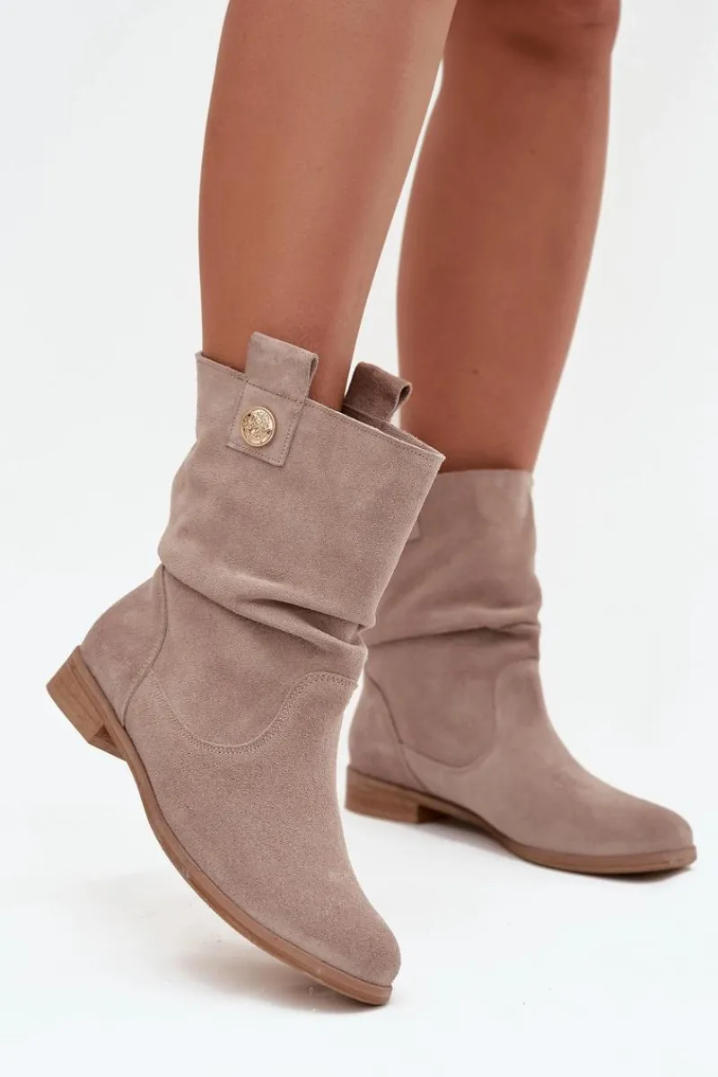 Sale Zazoo Skórzane Zamszowe Botki Damskie Z Marszczeniem Ocieplane 4210 Beżowe Beżowy