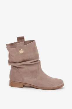 Sale Zazoo Skórzane Zamszowe Botki Damskie Z Marszczeniem Ocieplane 4210 Beżowe Beżowy