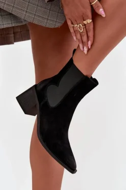 Botki Ocieplane|Botki Skórzane>Artiker Skórzane Zamszowe Botki Damskie Na Słupku Ocieplane 57C0049 Czarne Czarny