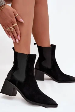 Botki Ocieplane|Botki Skórzane></noscript>Artiker Skórzane Zamszowe Botki Damskie Na Słupku Ocieplane 57C0049 Czarne Czarny