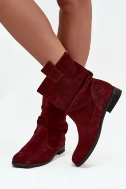 Botki Ocieplane|Botki Płaskie>Zazoo Skórzane Zamszowe Botki Damskie Z Marszczeniem Ocieplane 4210 Bordowe Czerwony