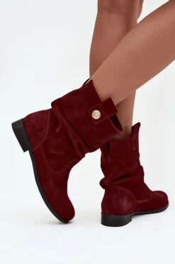 Botki Ocieplane|Botki Płaskie>Zazoo Skórzane Zamszowe Botki Damskie Z Marszczeniem Ocieplane 4210 Bordowe Czerwony