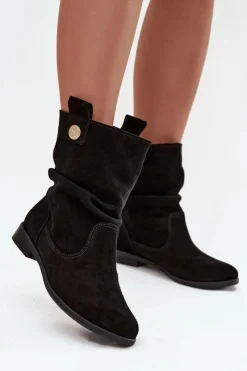 Online Skórzane Zamszowe Botki Damskie Z Marszczeniem Ocieplane 4210 Czarne Damskie Botki Ocieplane|Botki Płaskie