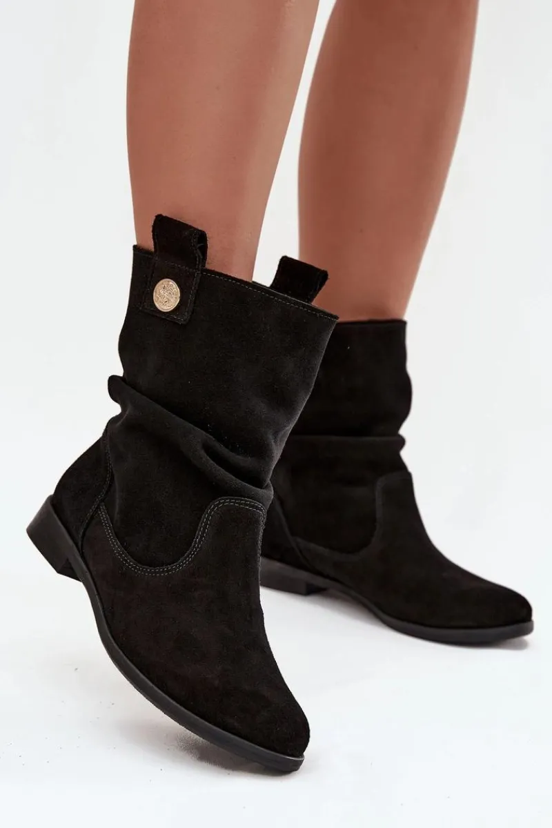Online Skórzane Zamszowe Botki Damskie Z Marszczeniem Ocieplane 4210 Czarne Damskie Botki Ocieplane|Botki Płaskie