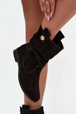 Online Skórzane Zamszowe Botki Damskie Z Marszczeniem Ocieplane 4210 Czarne Damskie Botki Ocieplane|Botki Płaskie