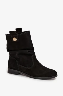 Online Skórzane Zamszowe Botki Damskie Z Marszczeniem Ocieplane 4210 Czarne Damskie Botki Ocieplane|Botki Płaskie