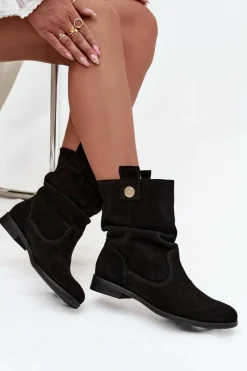 Online Skórzane Zamszowe Botki Damskie Z Marszczeniem Ocieplane 4210 Czarne Damskie Botki Ocieplane|Botki Płaskie