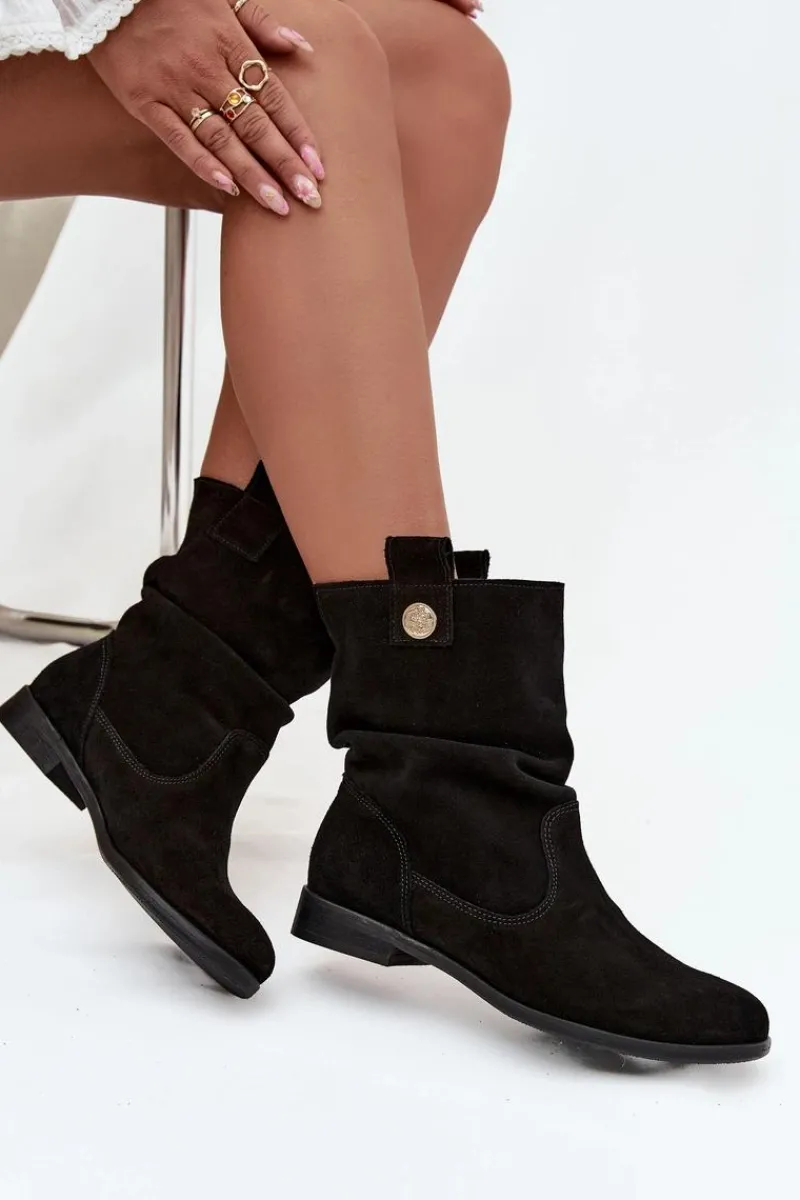 Online Skórzane Zamszowe Botki Damskie Z Marszczeniem Ocieplane 4210 Czarne Damskie Botki Ocieplane|Botki Płaskie