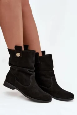 Online Skórzane Zamszowe Botki Damskie Z Marszczeniem Ocieplane 4210 Czarne Damskie Botki Ocieplane|Botki Płaskie