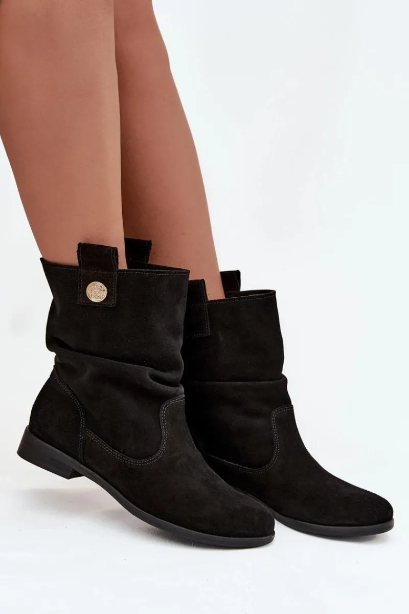 Online Skórzane Zamszowe Botki Damskie Z Marszczeniem Ocieplane 4210 Czarne Damskie Botki Ocieplane|Botki Płaskie