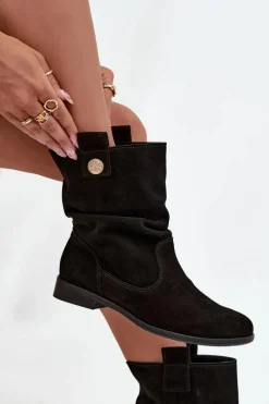 Online Skórzane Zamszowe Botki Damskie Z Marszczeniem Ocieplane 4210 Czarne Damskie Botki Ocieplane|Botki Płaskie