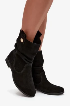 Online Skórzane Zamszowe Botki Damskie Z Marszczeniem Ocieplane 4210 Czarne Damskie Botki Ocieplane|Botki Płaskie