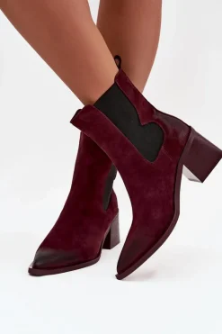 Hot Artiker Skórzane Zamszowe Botki Damskie Na Słupku Ocieplane 57C0048 Bordowe Czerwony