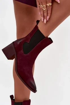 Hot Artiker Skórzane Zamszowe Botki Damskie Na Słupku Ocieplane 57C0048 Bordowe Czerwony