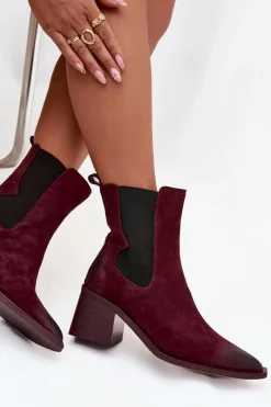 Hot Artiker Skórzane Zamszowe Botki Damskie Na Słupku Ocieplane 57C0048 Bordowe Czerwony