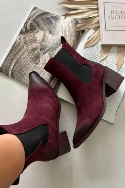 Hot Artiker Skórzane Zamszowe Botki Damskie Na Słupku Ocieplane 57C0048 Bordowe Czerwony