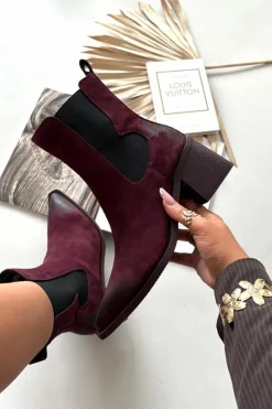 Hot Artiker Skórzane Zamszowe Botki Damskie Na Słupku Ocieplane 57C0048 Bordowe Czerwony