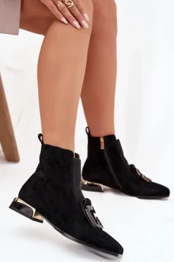 Hot D&A Skórzane Zamszowe Botki Damskie Na Niskim Obcasie Z Ozdobą MR52-217 Czarne Czarny