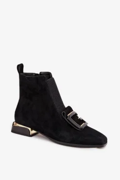 Hot D&A Skórzane Zamszowe Botki Damskie Na Niskim Obcasie Z Ozdobą MR52-217 Czarne Czarny