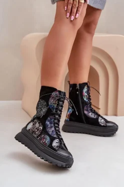 Online Skórzane Zamszowe Botki Na Platformie Ocieplane 06565-01 Czarne Damskie Botki Maciejka|Damskie Trapery