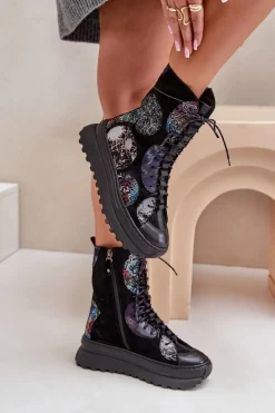 Online Skórzane Zamszowe Botki Na Platformie Ocieplane 06565-01 Czarne Damskie Botki Maciejka|Damskie Trapery