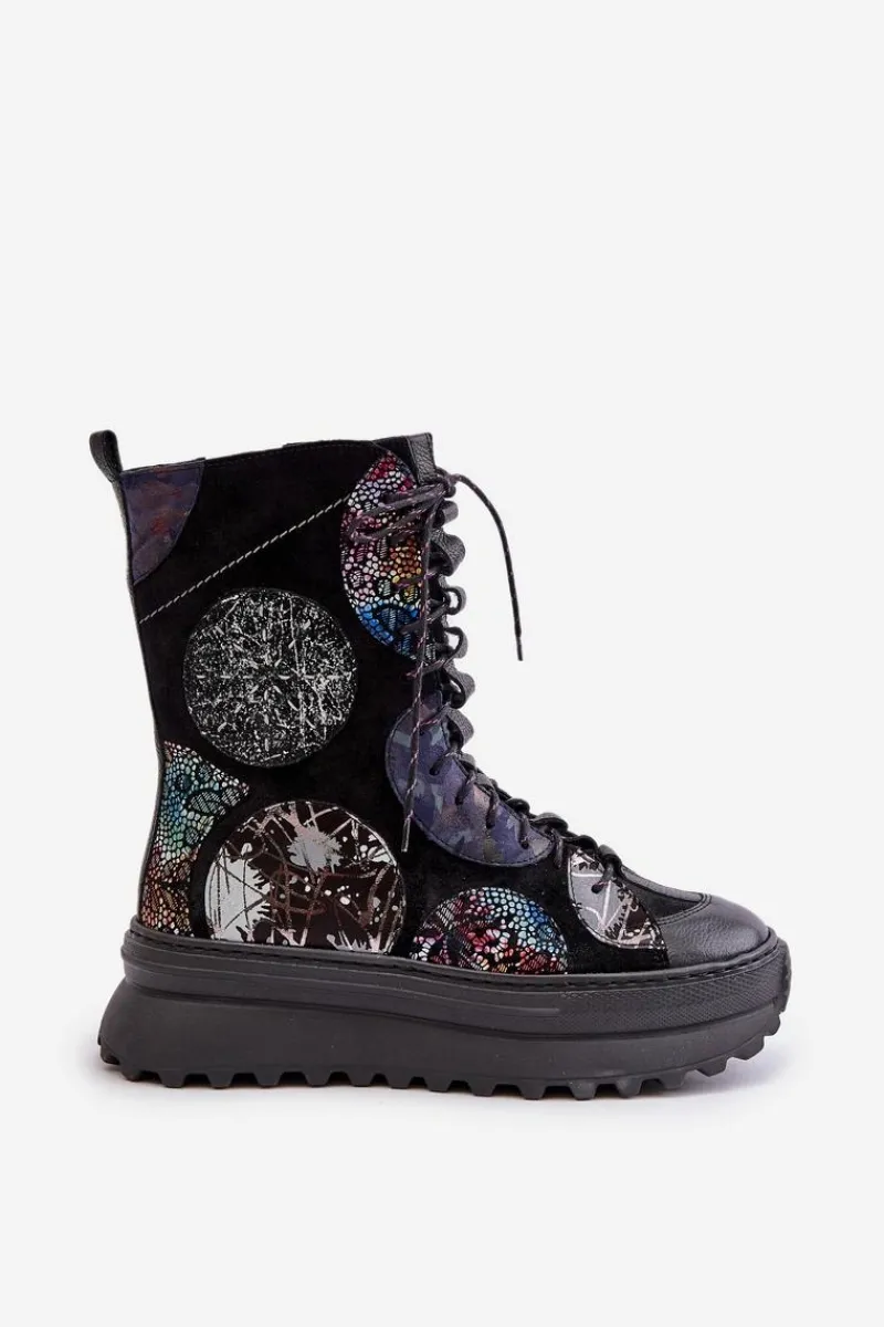 Online Skórzane Zamszowe Botki Na Platformie Ocieplane 06565-01 Czarne Damskie Botki Maciejka|Damskie Trapery