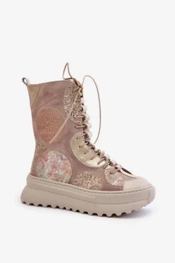 Hot Skórzane Zamszowe Botki Na Platformie Ocieplane 06565-04 Beżowe Damskie Botki Maciejka|Damskie Trapery