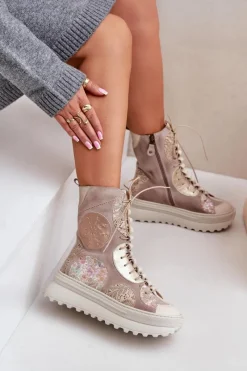 Hot Skórzane Zamszowe Botki Na Platformie Ocieplane 06565-04 Beżowe Damskie Botki Maciejka|Damskie Trapery