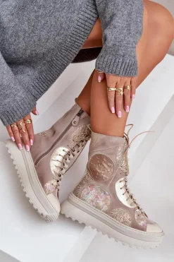 Hot Skórzane Zamszowe Botki Na Platformie Ocieplane 06565-04 Beżowe Damskie Botki Maciejka|Damskie Trapery