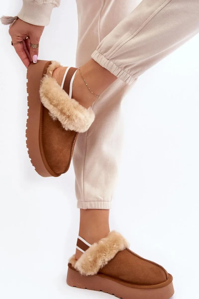 Skórzane Zamszowe Kapcie Damskie Na Platformie Z Futerkiem Camel Sophienne Damskie Kapcie Klasyczne