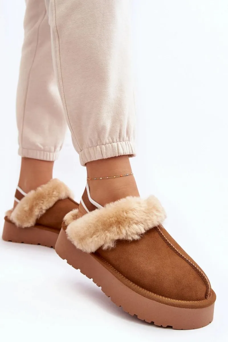 Skórzane Zamszowe Kapcie Damskie Na Platformie Z Futerkiem Camel Sophienne Damskie Kapcie Klasyczne