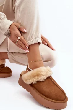 Skórzane Zamszowe Kapcie Damskie Na Platformie Z Futerkiem Camel Sophienne Damskie Kapcie Klasyczne