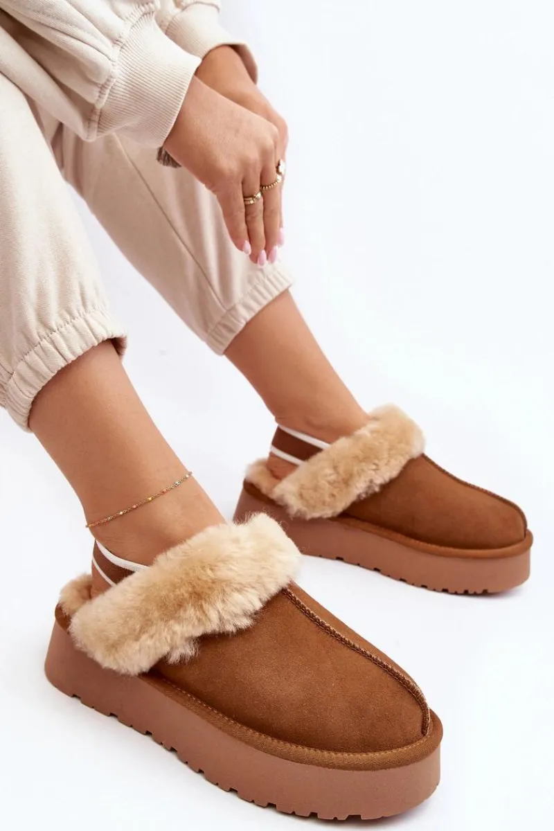 Skórzane Zamszowe Kapcie Damskie Na Platformie Z Futerkiem Camel Sophienne Damskie Kapcie Klasyczne