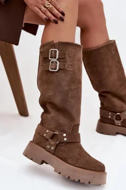 Discount Big Star Shoes Skórzane Zamszowe Kozaki Damskie Z Klamrami Ocieplane Big Star OO274A182 Beżowe Beżowy