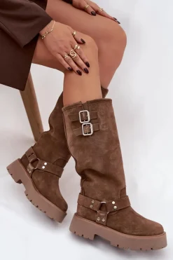 Discount Big Star Shoes Skórzane Zamszowe Kozaki Damskie Z Klamrami Ocieplane Big Star OO274A182 Beżowe Beżowy