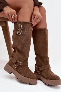 Discount Big Star Shoes Skórzane Zamszowe Kozaki Damskie Z Klamrami Ocieplane Big Star OO274A182 Beżowe Beżowy