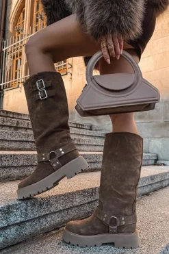 Discount Big Star Shoes Skórzane Zamszowe Kozaki Damskie Z Klamrami Ocieplane Big Star OO274A182 Beżowe Beżowy