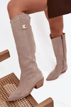 Zazoo Skórzane Zamszowe Kozaki Kowbojki Ocieplane 4224 Cappuccino Beżowy